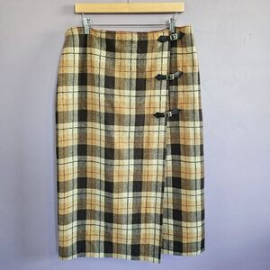 Rena Rowan Vintage Wool Blend Plaid Western Cabincore Buckled Wrap Midi Skirt